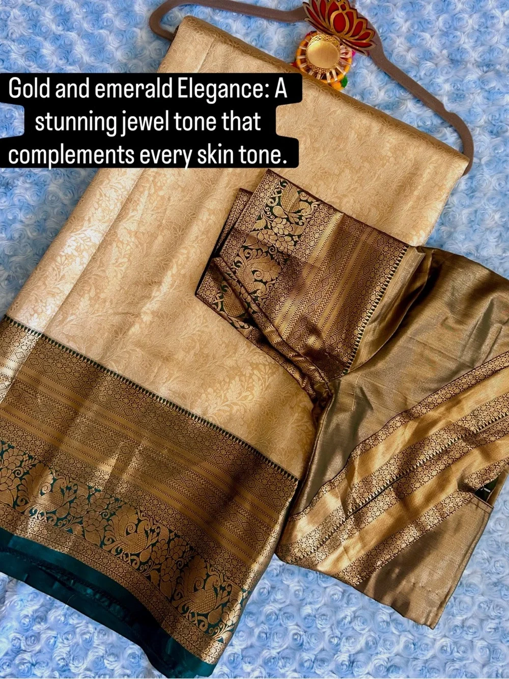 New Elegant Gold and Emerald Women's Silk Saree - Brand Unspecified